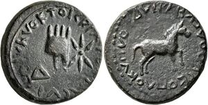 Artaxias III - AE 4 chalkoi - Imitation; Tiara 4 peaks; inscription clockwise
