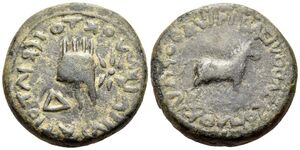 Artaxias III - AE 4 chalkoi - Imitation; Tiara 4 peaks; inscription counter-clockwise