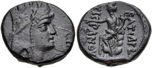 Tigranes the Younger - Series 3, Damascus (71/70-69/8BC) - AE 4 chalkoi - Tyche seated - ΘΕ / ΟΦ