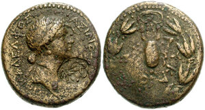 Antiochus IV &amp; Iotape - ΛYΚΑΟΝΩΝ - AE 8 chalkoi - Iotape obverse